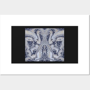 Gunmetal Gray Marble Aesthetic - Blue Cracked Fractals Abstract Pattern Posters and Art